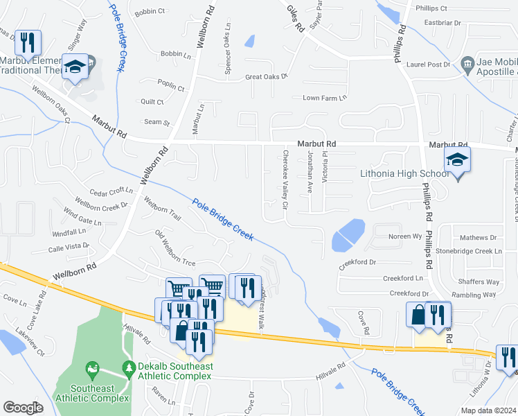 map of restaurants, bars, coffee shops, grocery stores, and more near 2211 Cherokee Valley Circle in Lithonia