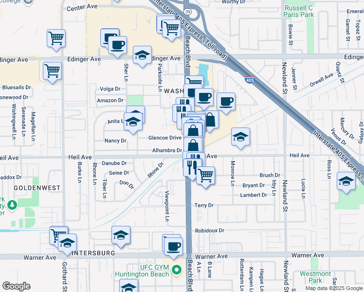 map of restaurants, bars, coffee shops, grocery stores, and more near 16401 Beach Boulevard in Huntington Beach