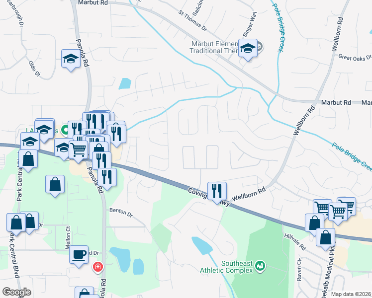 map of restaurants, bars, coffee shops, grocery stores, and more near 5626 Strathmoor Manor Circle in Lithonia