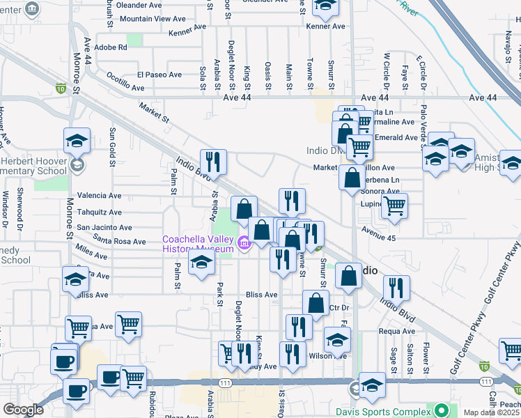 map of restaurants, bars, coffee shops, grocery stores, and more near 79700 Indio Boulevard in Indio