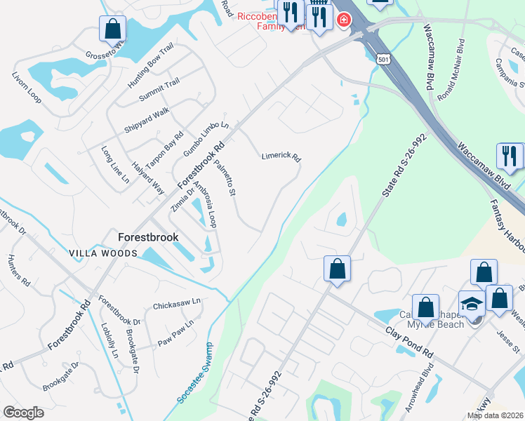 map of restaurants, bars, coffee shops, grocery stores, and more near 3700 Limerick Road in Myrtle Beach