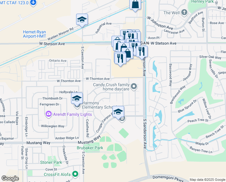 map of restaurants, bars, coffee shops, grocery stores, and more near 3810 Rexford Drive in Hemet