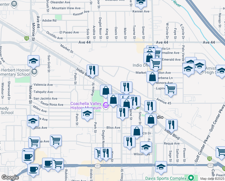 map of restaurants, bars, coffee shops, grocery stores, and more near King Street in Indio
