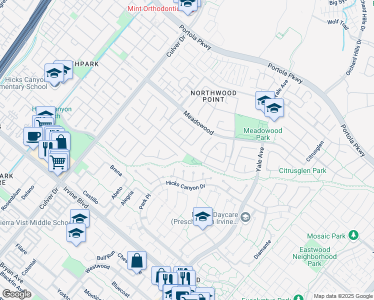 map of restaurants, bars, coffee shops, grocery stores, and more near in Irvine