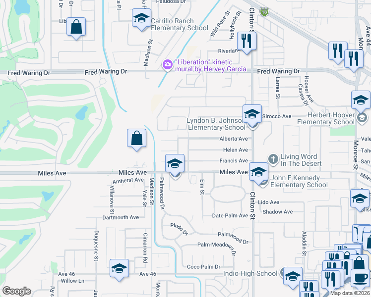 map of restaurants, bars, coffee shops, grocery stores, and more near 44921 Swingle Avenue in Indio