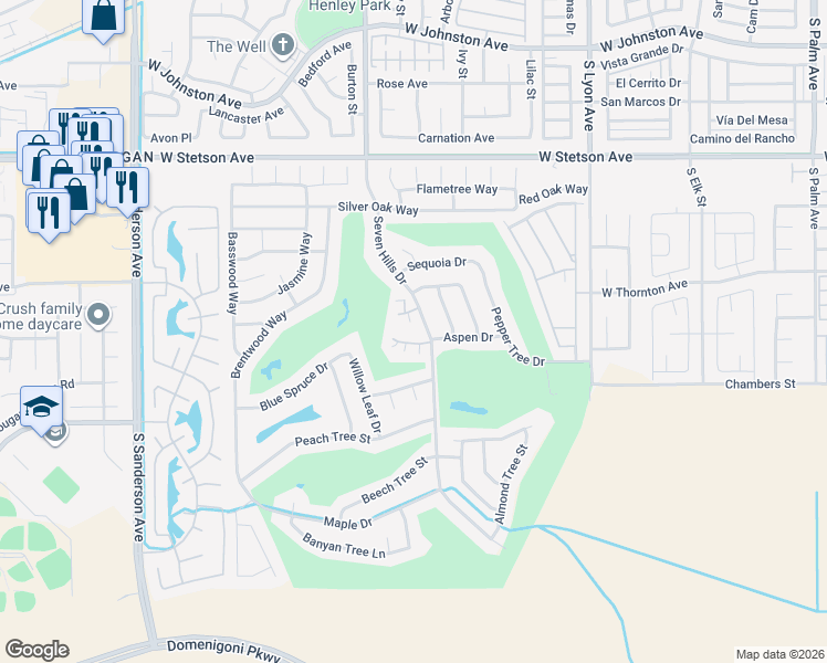 map of restaurants, bars, coffee shops, grocery stores, and more near 1417 Seven Hills Drive in Hemet
