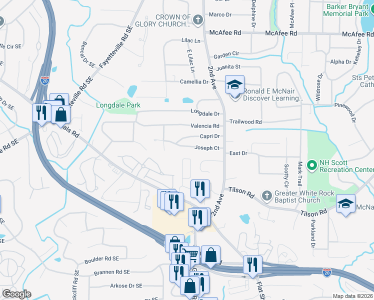 map of restaurants, bars, coffee shops, grocery stores, and more near 1969 Shawn Wayne Circle Southeast in Atlanta