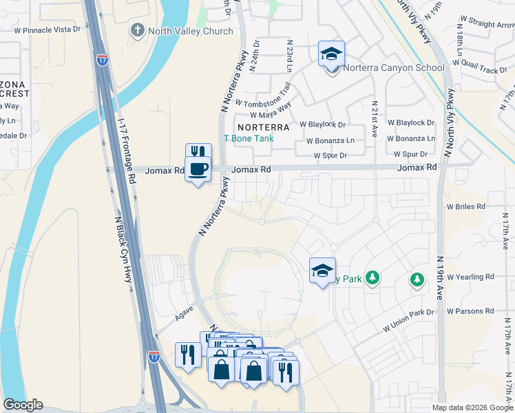 map of restaurants, bars, coffee shops, grocery stores, and more near West Jomax Road in Phoenix