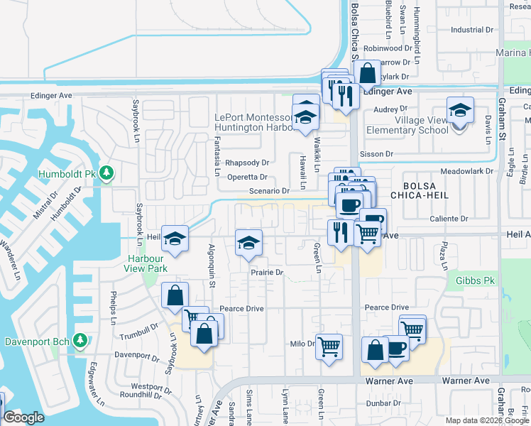 map of restaurants, bars, coffee shops, grocery stores, and more near 4672 Scenario Drive in Huntington Beach