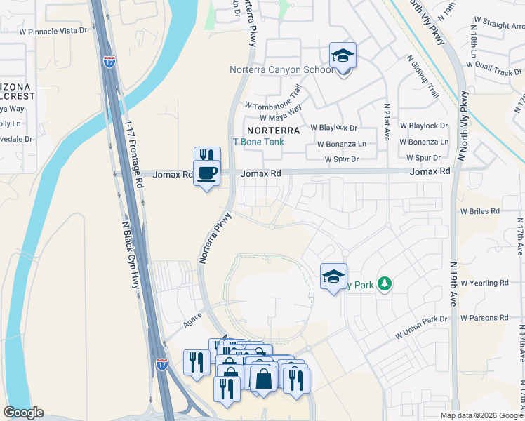 map of restaurants, bars, coffee shops, grocery stores, and more near West Jomax Road in Phoenix