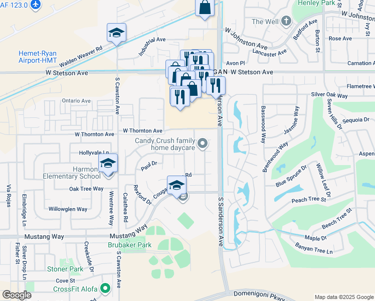 map of restaurants, bars, coffee shops, grocery stores, and more near 1386 Dusty Hill Road in Hemet