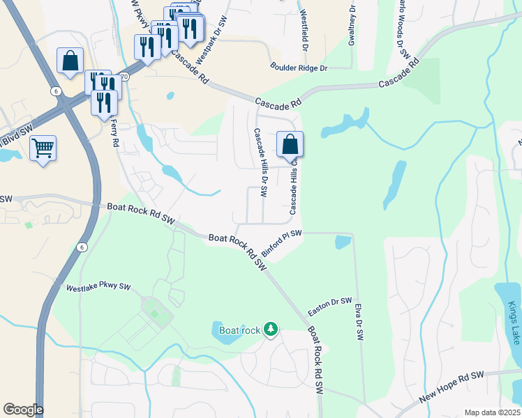 map of restaurants, bars, coffee shops, grocery stores, and more near 1150 Cascade Hills Drive Southwest in Atlanta
