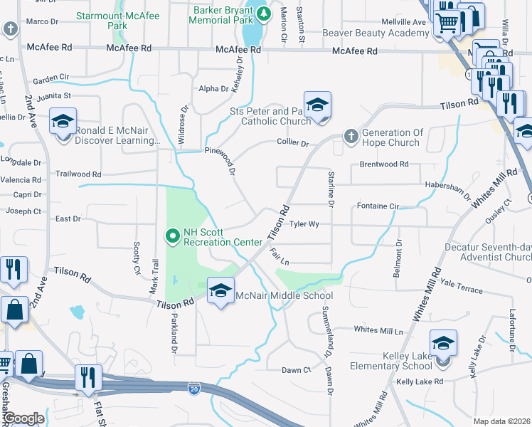 map of restaurants, bars, coffee shops, grocery stores, and more near 2354 Pinewood Drive in Decatur