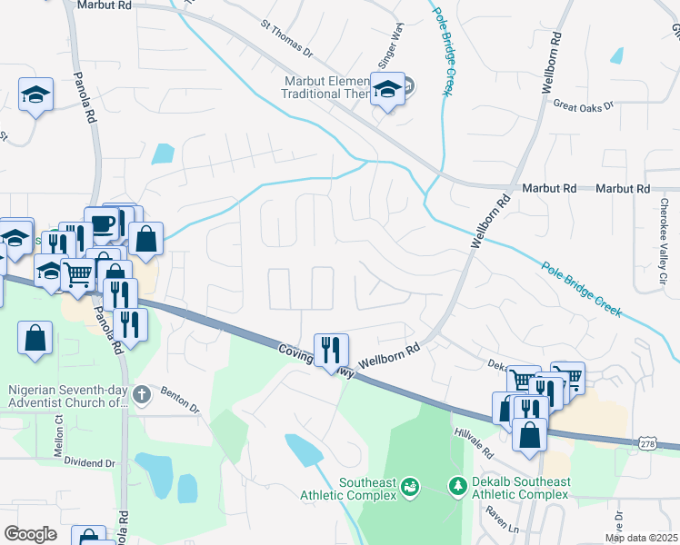 map of restaurants, bars, coffee shops, grocery stores, and more near 5799 Strathmoor Manor Circle in Lithonia