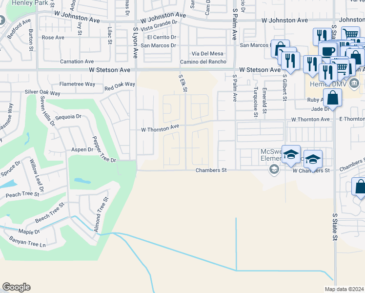 map of restaurants, bars, coffee shops, grocery stores, and more near 1390 Carolina Court in Hemet