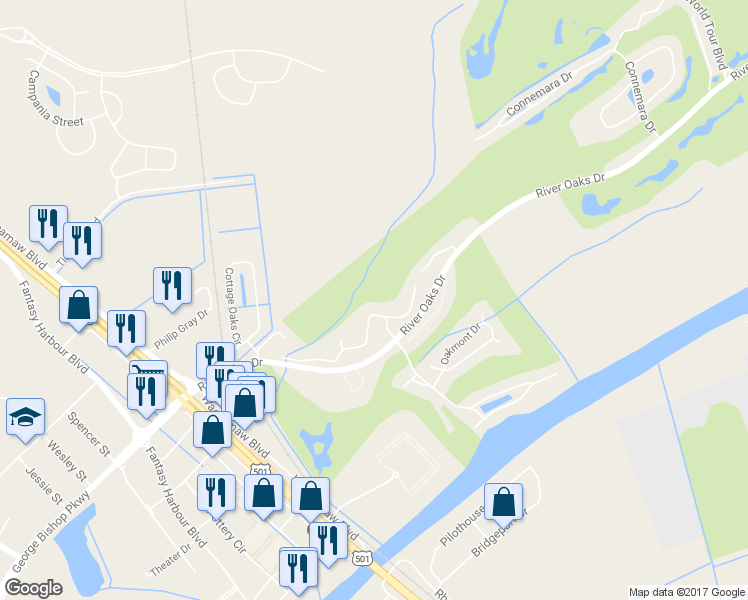 map of restaurants, bars, coffee shops, grocery stores, and more near 537 River Oaks Drive in Myrtle Beach