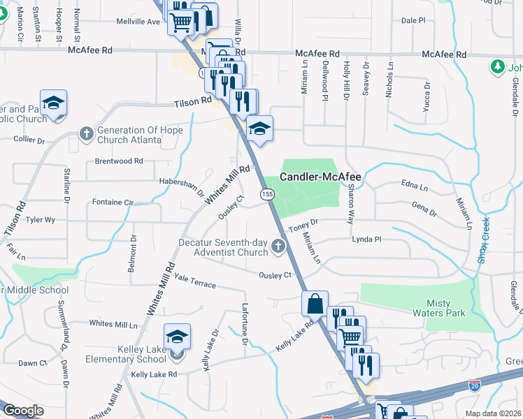 map of restaurants, bars, coffee shops, grocery stores, and more near 2257 Candler Road in Decatur