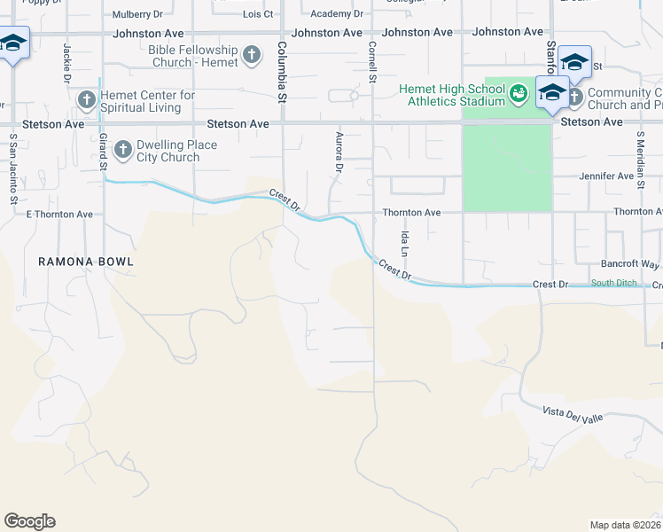 map of restaurants, bars, coffee shops, grocery stores, and more near 27475 Cornell Street in Hemet