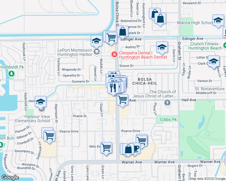 map of restaurants, bars, coffee shops, grocery stores, and more near 16383 Bolsa Chica Street in Huntington Beach