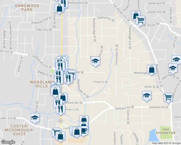 map of restaurants, bars, coffee shops, grocery stores, and more near 1357 Skyhaven Road Southeast in Atlanta