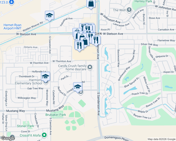 map of restaurants, bars, coffee shops, grocery stores, and more near 3521 Morro Hill Road in Hemet