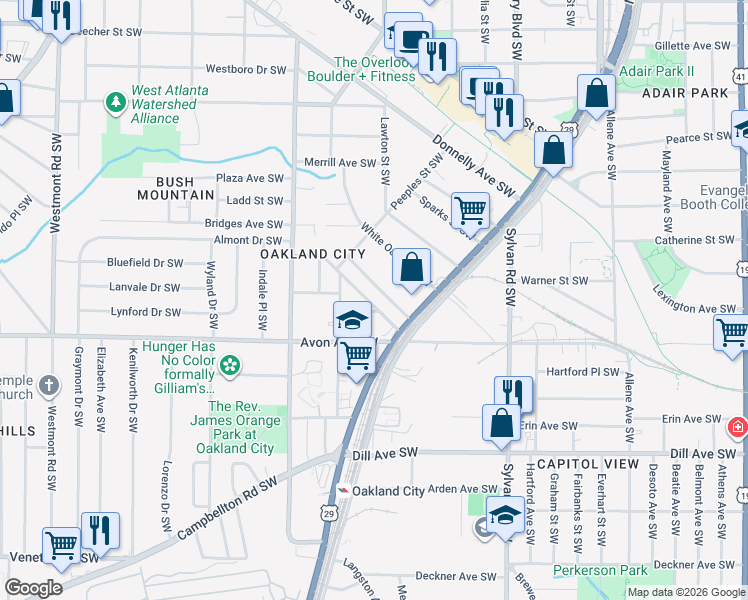 map of restaurants, bars, coffee shops, grocery stores, and more near 1123 Arlington Avenue Southwest in Atlanta
