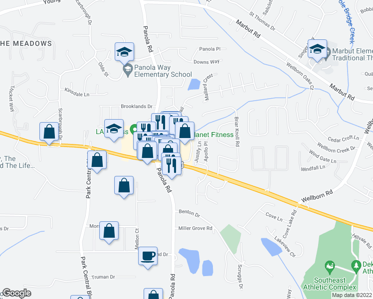 map of restaurants, bars, coffee shops, grocery stores, and more near 6150 Covington Highway in Lithonia