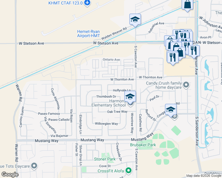 map of restaurants, bars, coffee shops, grocery stores, and more near 4470 Hollyvale Lane in Hemet