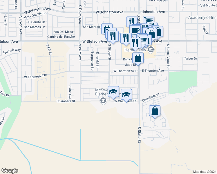 map of restaurants, bars, coffee shops, grocery stores, and more near 500 Bahama Drive in Hemet