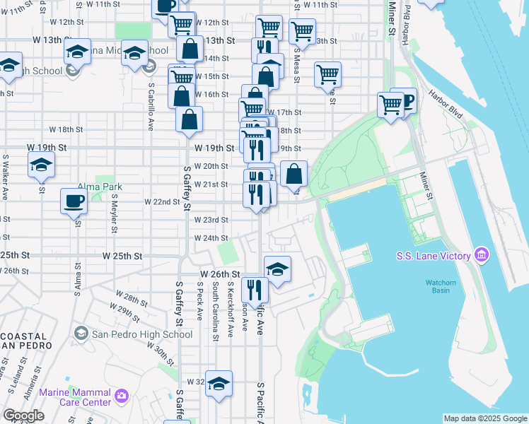 map of restaurants, bars, coffee shops, grocery stores, and more near 2222 South Pacific Avenue in Los Angeles