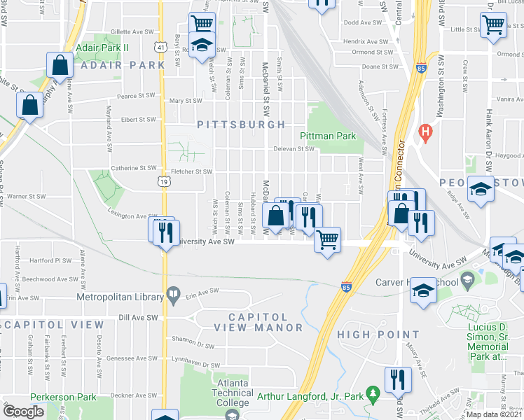 map of restaurants, bars, coffee shops, grocery stores, and more near 1141 McDaniel Street Southwest in Atlanta