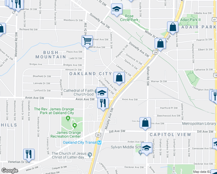 map of restaurants, bars, coffee shops, grocery stores, and more near 1097 Arlington Avenue Southwest in Atlanta