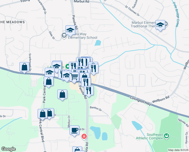 map of restaurants, bars, coffee shops, grocery stores, and more near 6150B Covington Highway in Lithonia