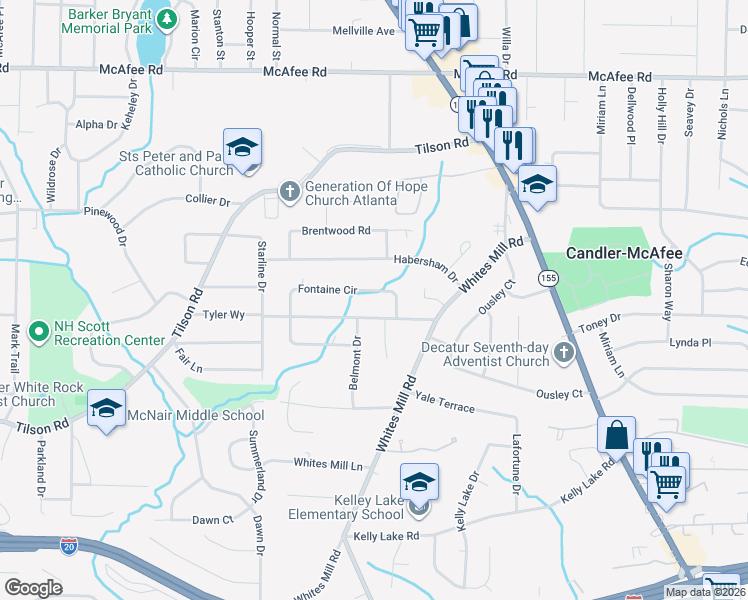 map of restaurants, bars, coffee shops, grocery stores, and more near 2526 Fontaine Circle in Decatur