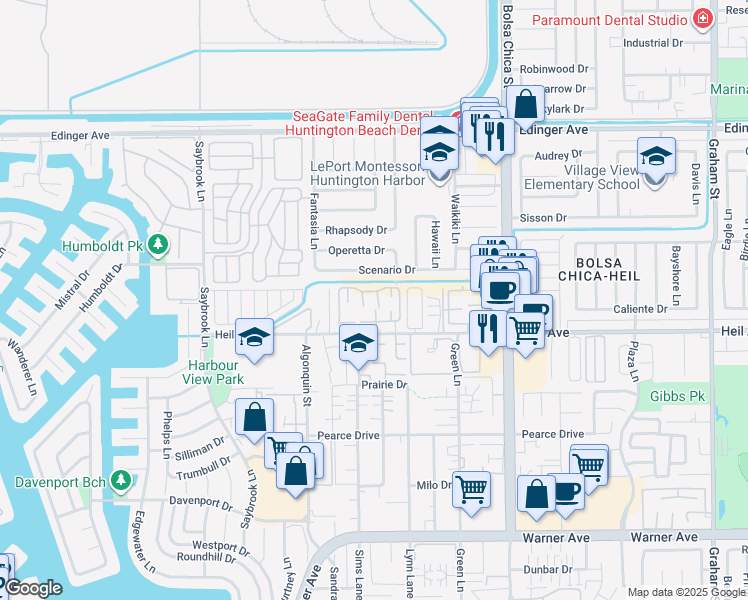 map of restaurants, bars, coffee shops, grocery stores, and more near 16408 Vista Roma Circle in Huntington Beach