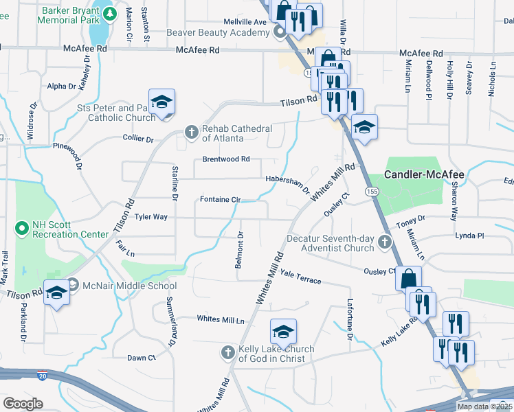 map of restaurants, bars, coffee shops, grocery stores, and more near 2549 Fontaine Circle in Decatur