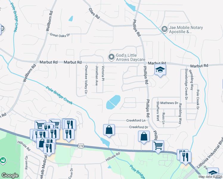 map of restaurants, bars, coffee shops, grocery stores, and more near 6175 Hyde Park Lane in Lithonia