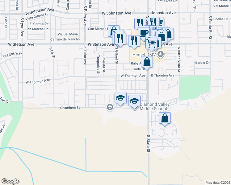 map of restaurants, bars, coffee shops, grocery stores, and more near 500 Bahama Drive in Hemet