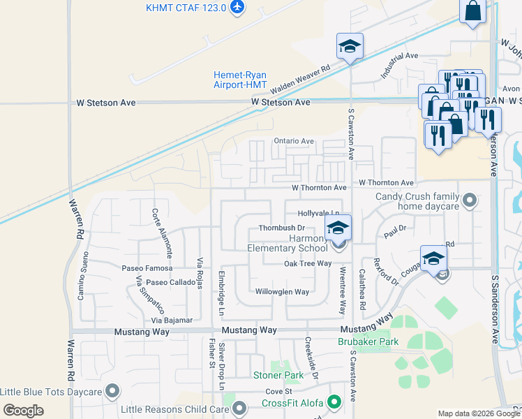 map of restaurants, bars, coffee shops, grocery stores, and more near 4680 Birchleaf Lane in Hemet