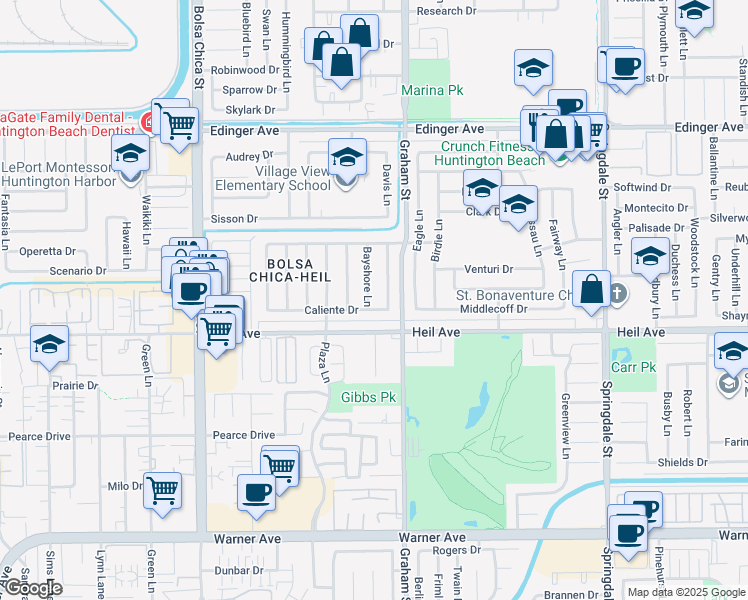 map of restaurants, bars, coffee shops, grocery stores, and more near 16351 Hollywood Lane in Huntington Beach
