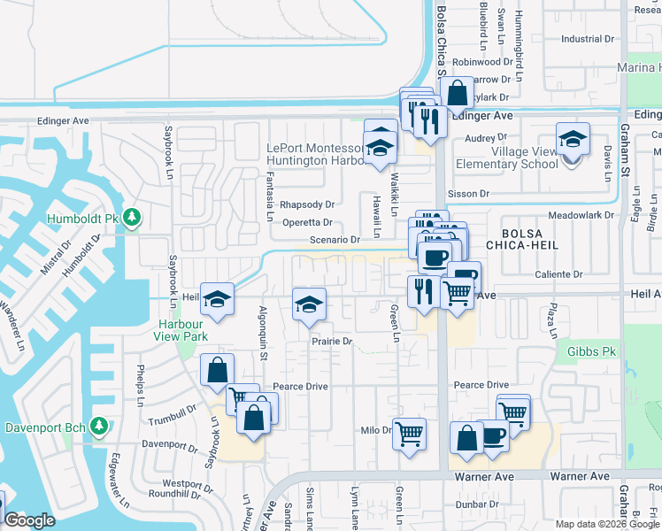 map of restaurants, bars, coffee shops, grocery stores, and more near 4672 Scenario Drive in Huntington Beach