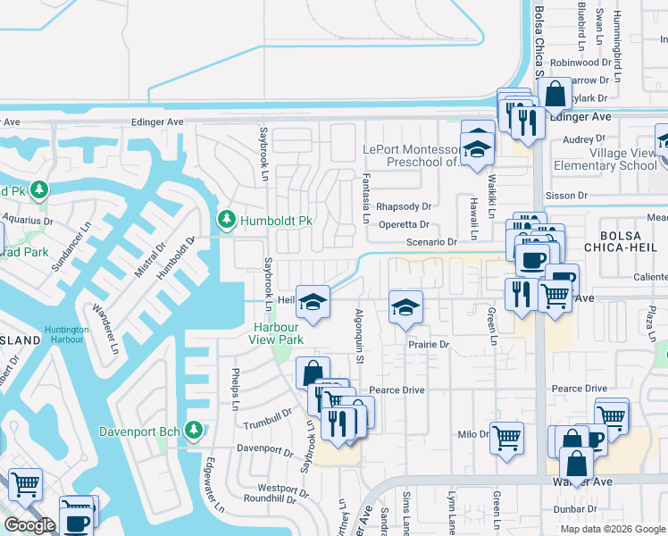 map of restaurants, bars, coffee shops, grocery stores, and more near 4371 Waimea Drive in Huntington Beach
