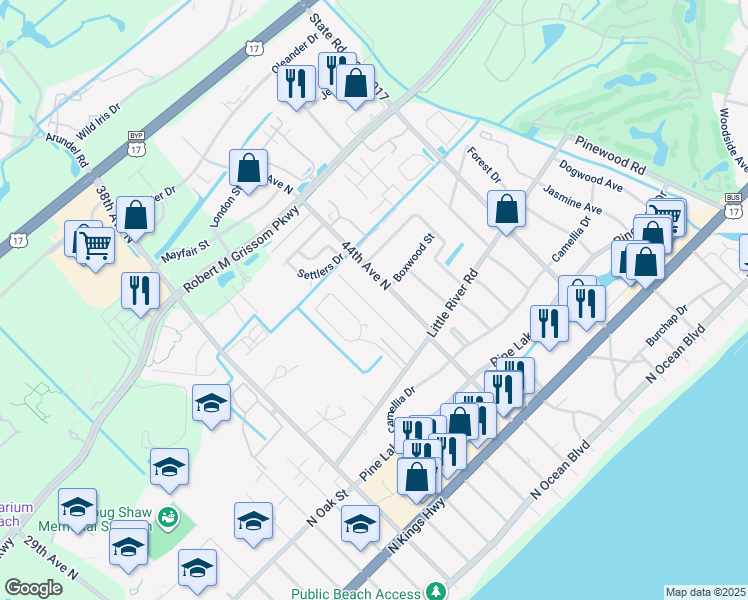 map of restaurants, bars, coffee shops, grocery stores, and more near 821 44th Avenue North in Myrtle Beach