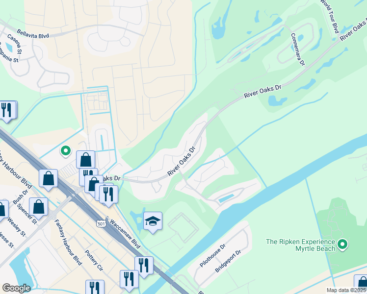 map of restaurants, bars, coffee shops, grocery stores, and more near 561 River Oaks Drive in Myrtle Beach