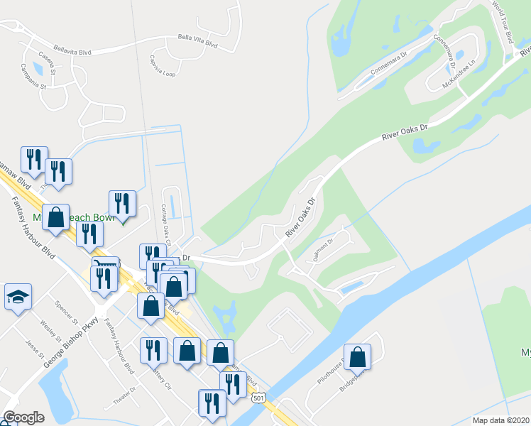 map of restaurants, bars, coffee shops, grocery stores, and more near 537 River Oaks Drive in Myrtle Beach