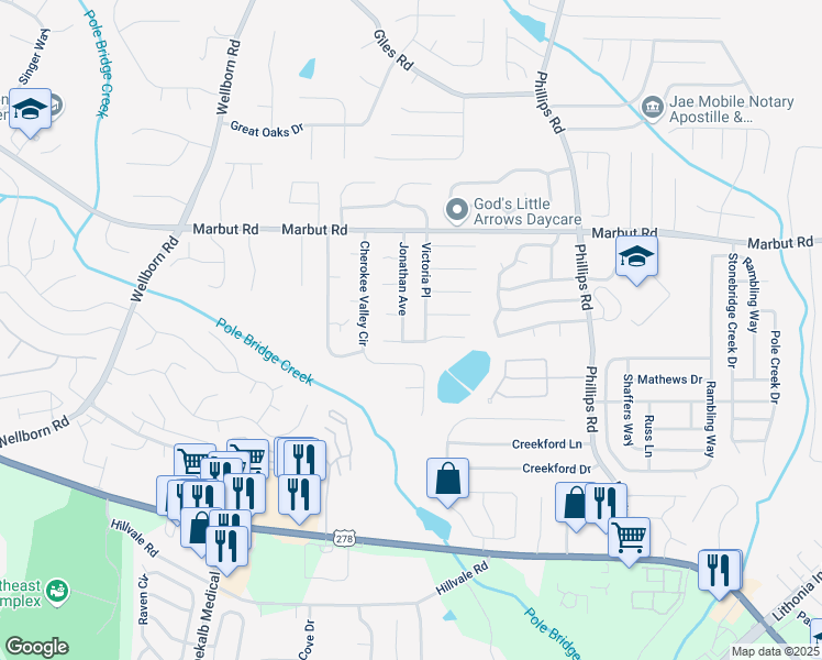 map of restaurants, bars, coffee shops, grocery stores, and more near 2211 Jonathan Avenue in Lithonia
