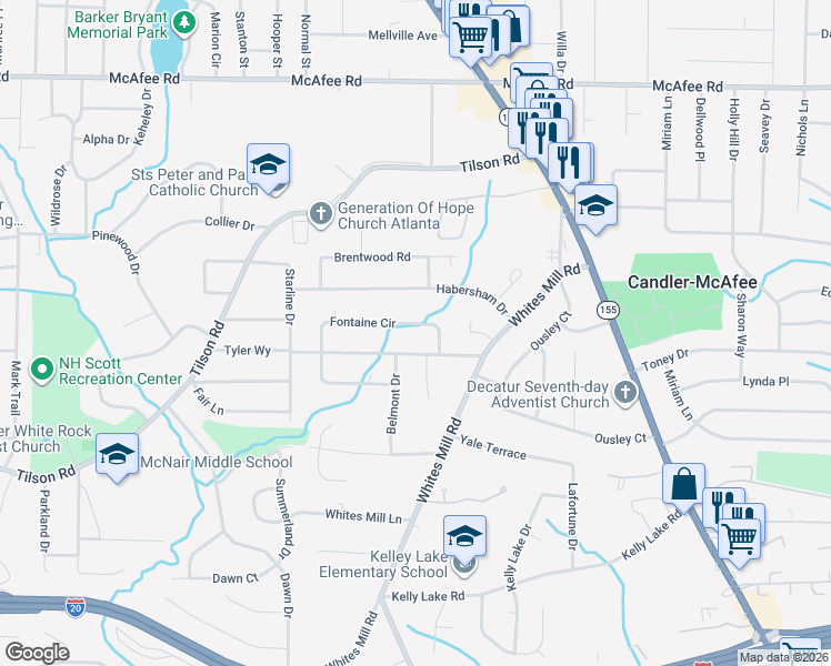 map of restaurants, bars, coffee shops, grocery stores, and more near 2526 Fontaine Circle in Decatur