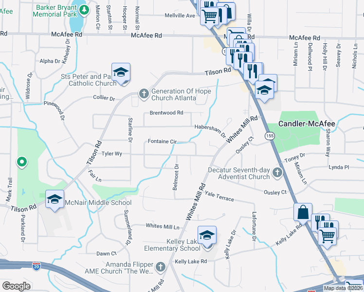 map of restaurants, bars, coffee shops, grocery stores, and more near 2526 Fontaine Circle in Decatur