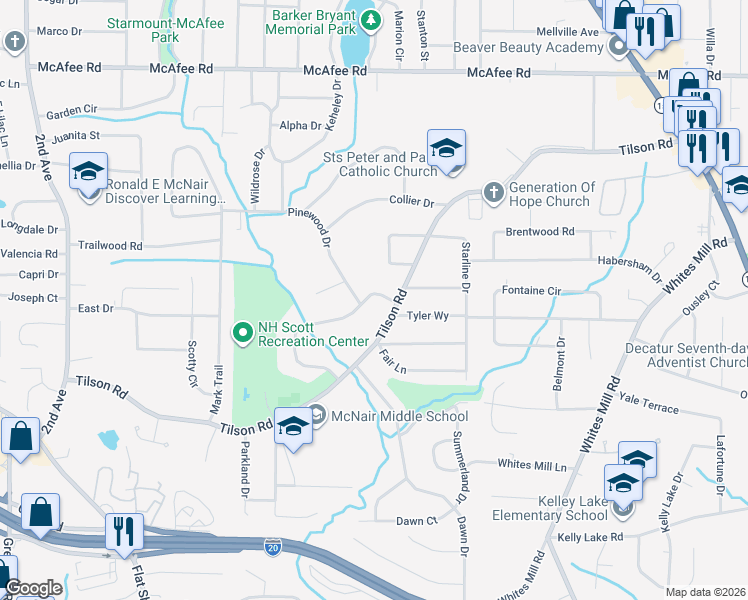 map of restaurants, bars, coffee shops, grocery stores, and more near 2354 Pinewood Drive in Decatur