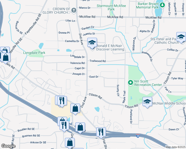 map of restaurants, bars, coffee shops, grocery stores, and more near 2038 East Drive in Decatur